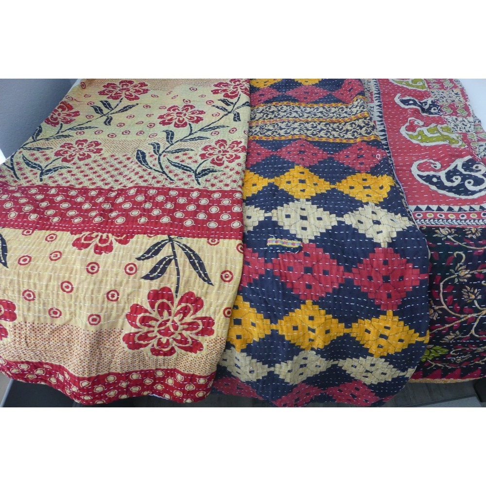 Lot of 3 Kantha Patchwork Quilt Tablecloth Cotton Bedspreads Vtg Handmade Indian
